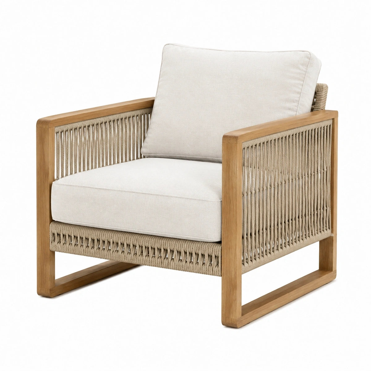 Fauteuil de jardin en bois et corde beige avec coussins, dimensions 76x78x78 cm, de la marque Polvaken.