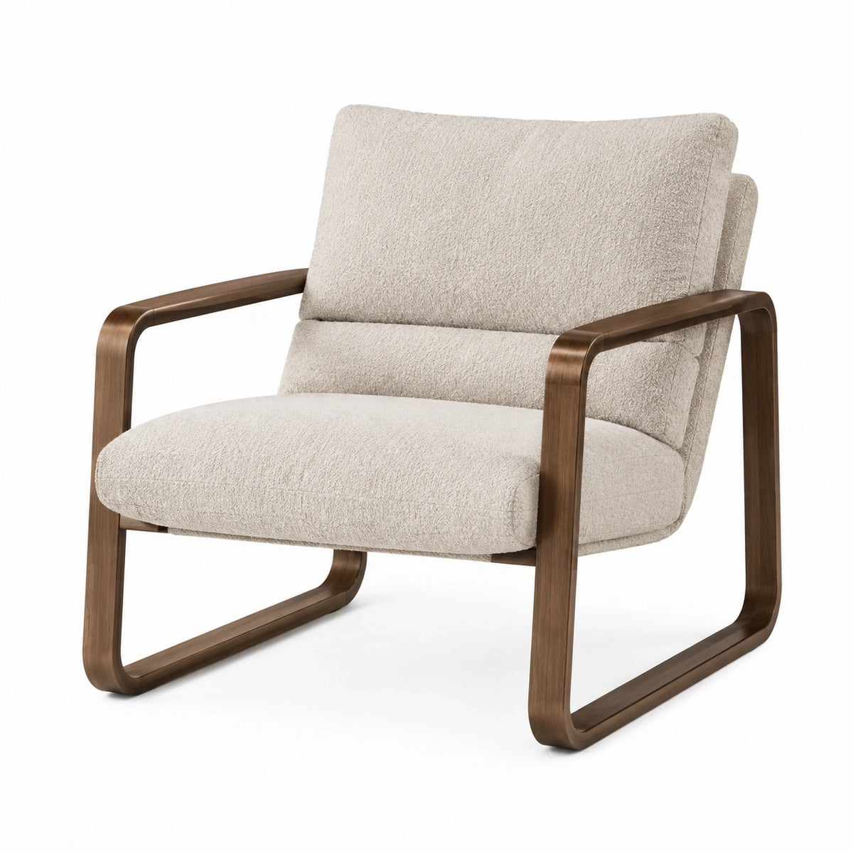 Fauteuil en tissu bouclette beige avec structure en bois brun, dimensions 70x78x84 cm, siège confortable pour salon contemporain.