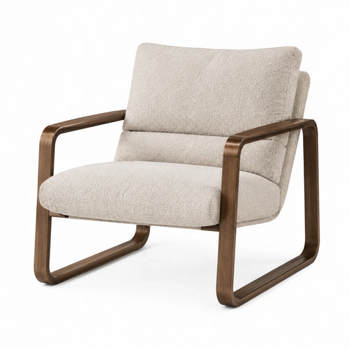 Fauteuil en tissu bouclette beige avec structure en bois brun, dimensions 70x78x84 cm, siège confortable pour salon contemporain.