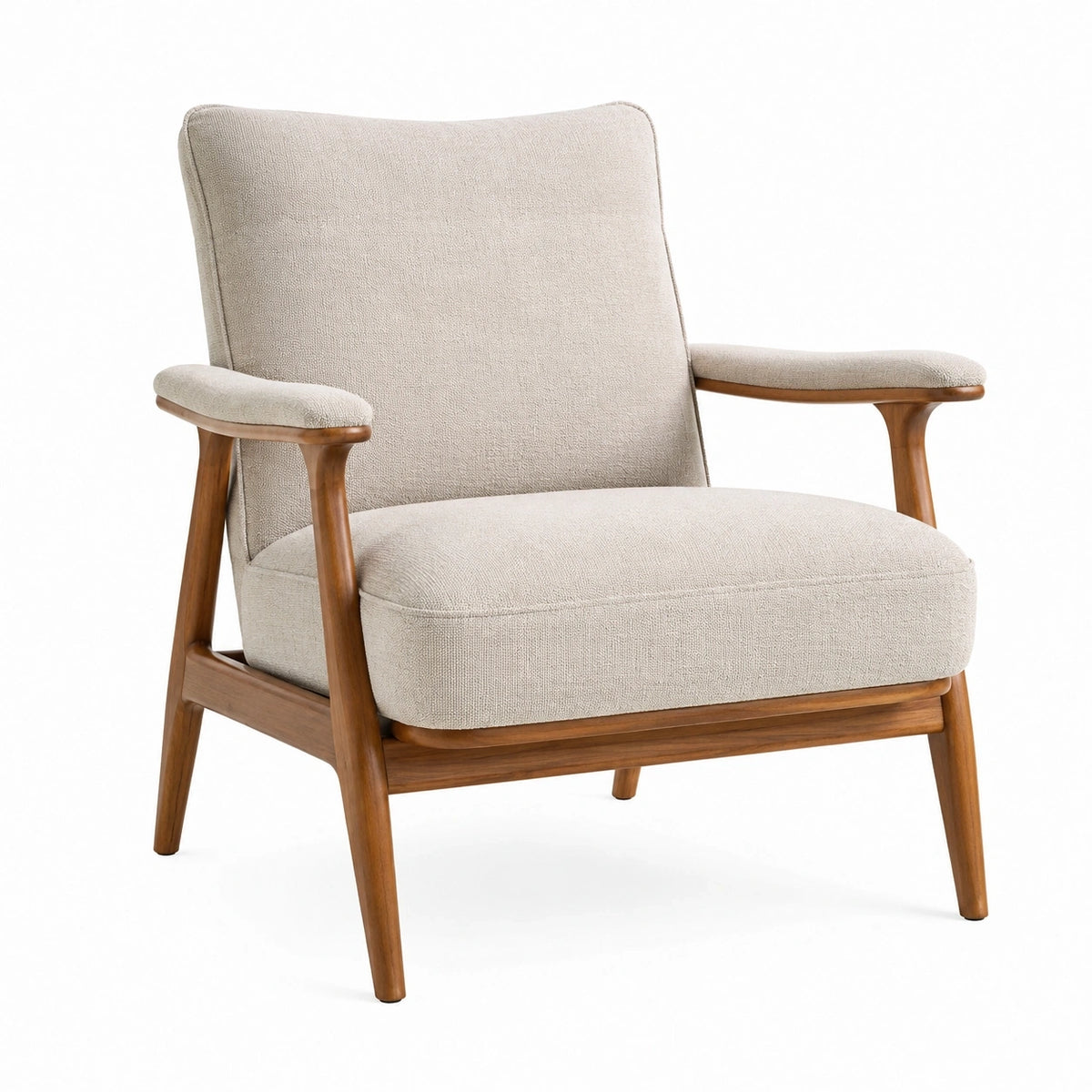 Fauteuil en tissu beige et bois marron de style rétro, dimensions 75x85x93 cm, pour salon, par Polvaken.