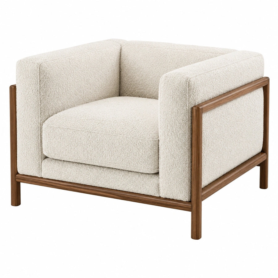 Fauteuil en tissu bouclette écru avec pieds en bois marron, style contemporain, dimensions 90x82x75 cm, marque Polvaken.