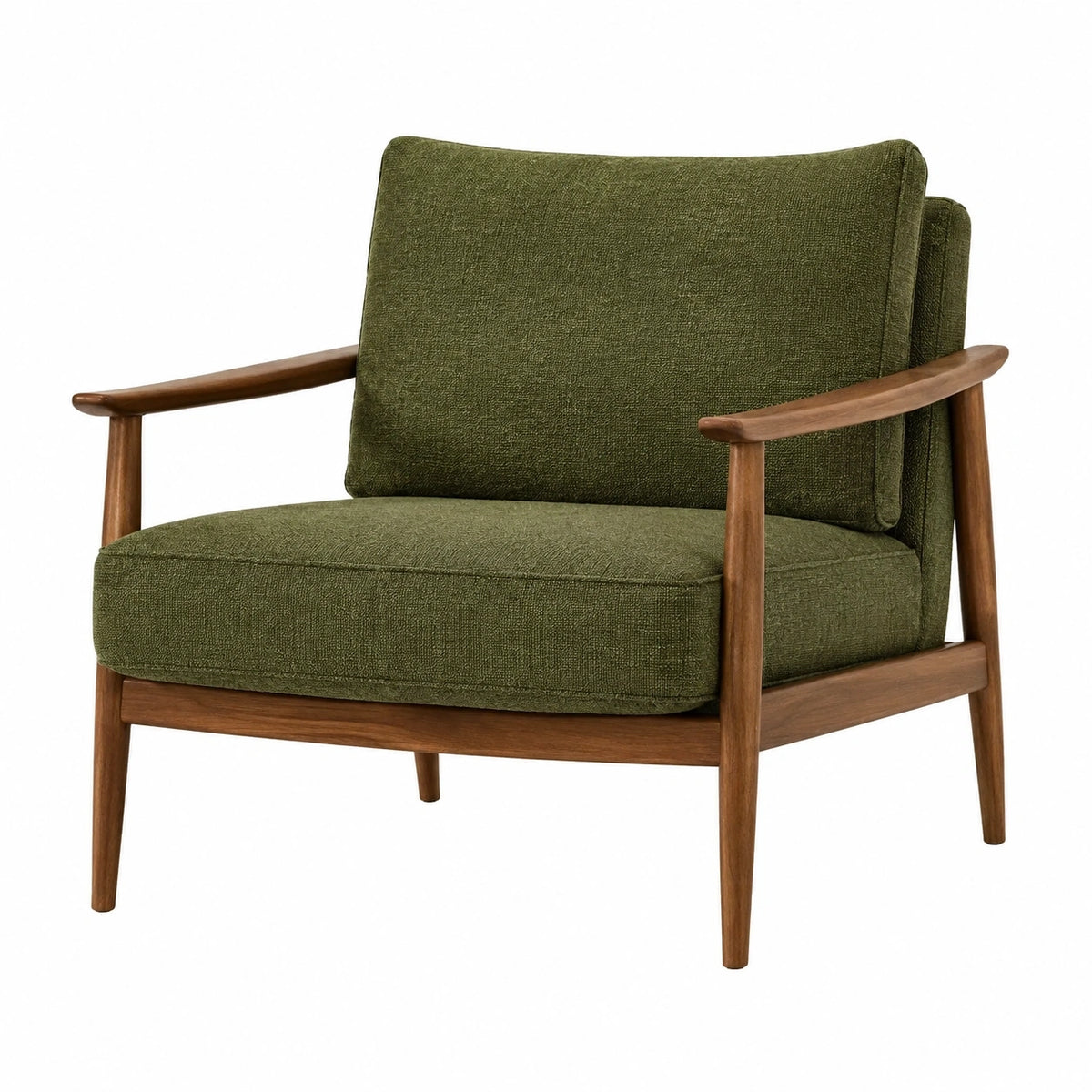 Fauteuil en tissu vert et bois au style scandinave, dimensions 70x78x85 cm, design moderne et confortable.