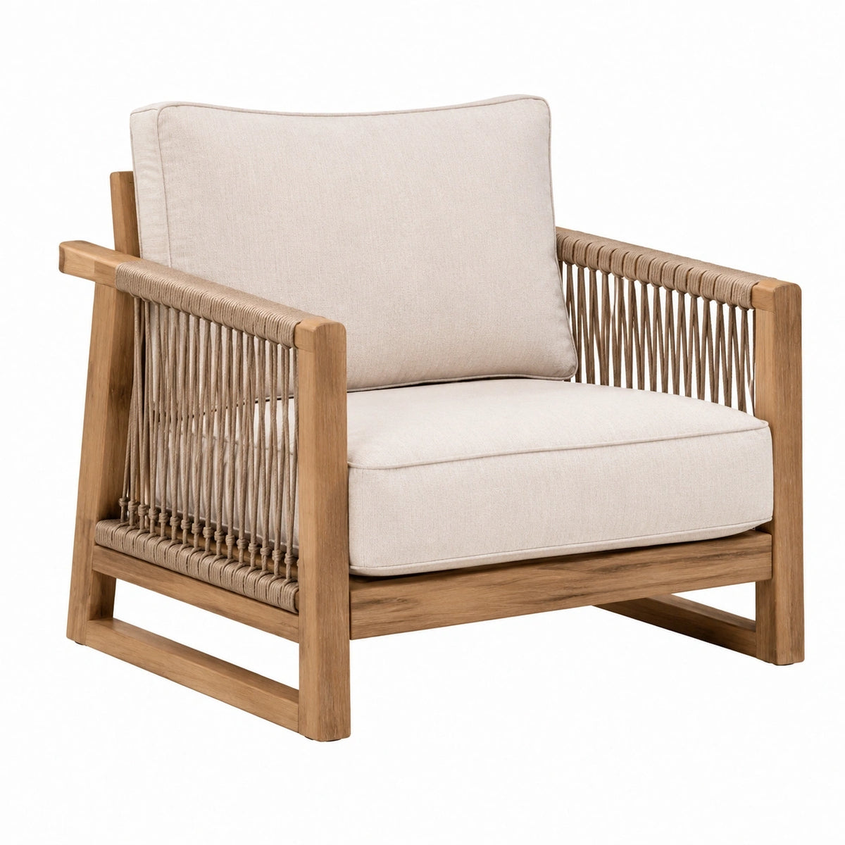 Fauteuil en bois beige et marron avec accoudoirs tressés, dimensions 76x80x82 cm, style naturel et élégant.
