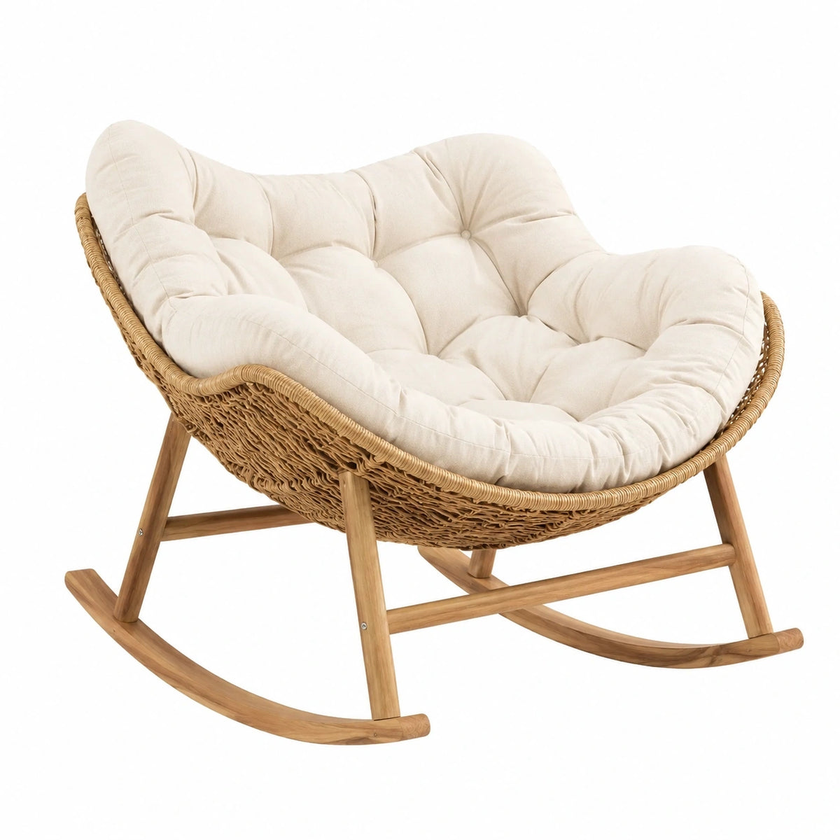 Fauteuil à bascule en bois et fibres tressées beige, style bohème, dimensions 100x85x95 cm, pour intérieur, marque Polvaken.