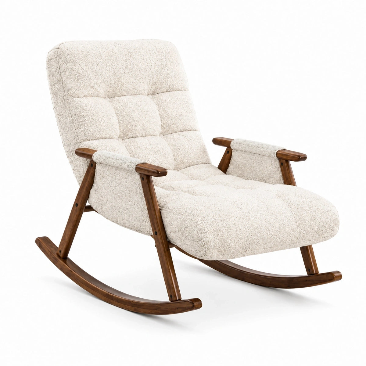 Fauteuil à bascule en tissu bouclette écru et bois brun, style scandinave, dimensions 100x68x98 cm, par Polvaken.