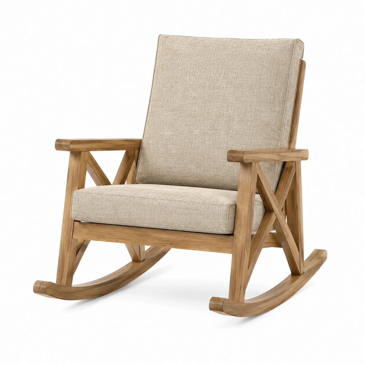 Fauteuil à bascule en bois et tissu beige de style rustique, dimensions 78x95x105 cm, par Polvaken.
