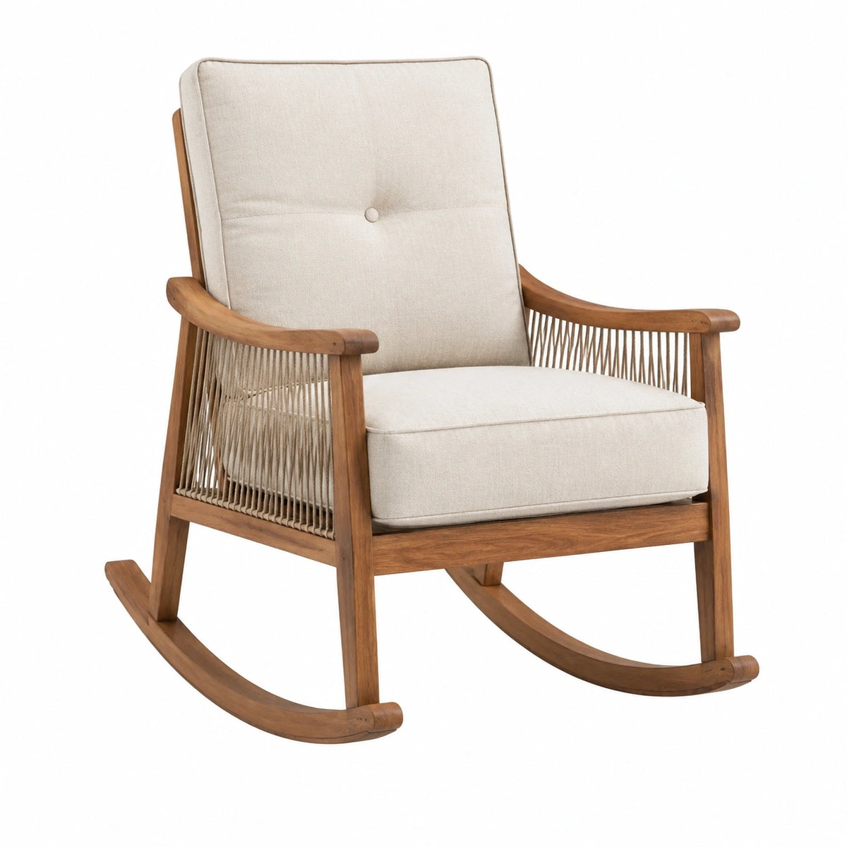 Fauteuil à bascule en bois brun et tissu beige, style naturel, dimensions 70x90x100 cm, par Polvaken.