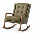 Fauteuil à bascule en revêtement effet cuir vert olive avec structure en bois, style vintage, dimensions 75x95x105 cm.
