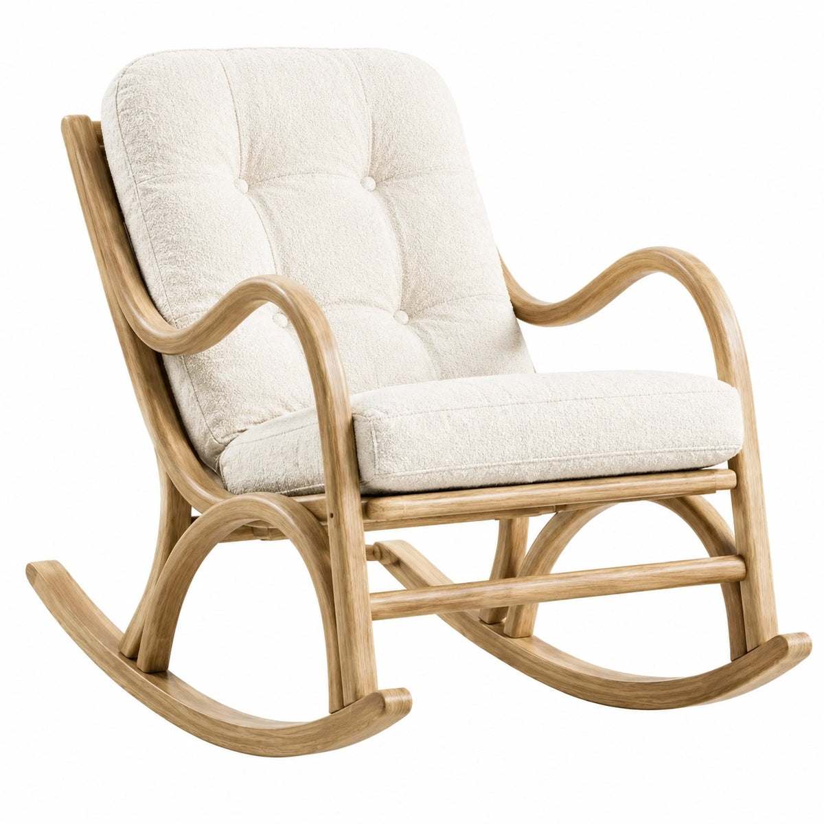 Fauteuil à bascule en bois beige avec assise bouclette, dimensions 100 x 65 x 105 cm, fauteuil confortable de Polvaken.