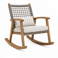 Fauteuil à bascule Polvaken en bois marron et corde grise, dimensions 75x95x105 cm, idéal pour terrasse.