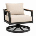 Fauteuil pivotant de jardin en métal noir et tissu beige, dimensions 85x85x85 cm, confortable et robuste.