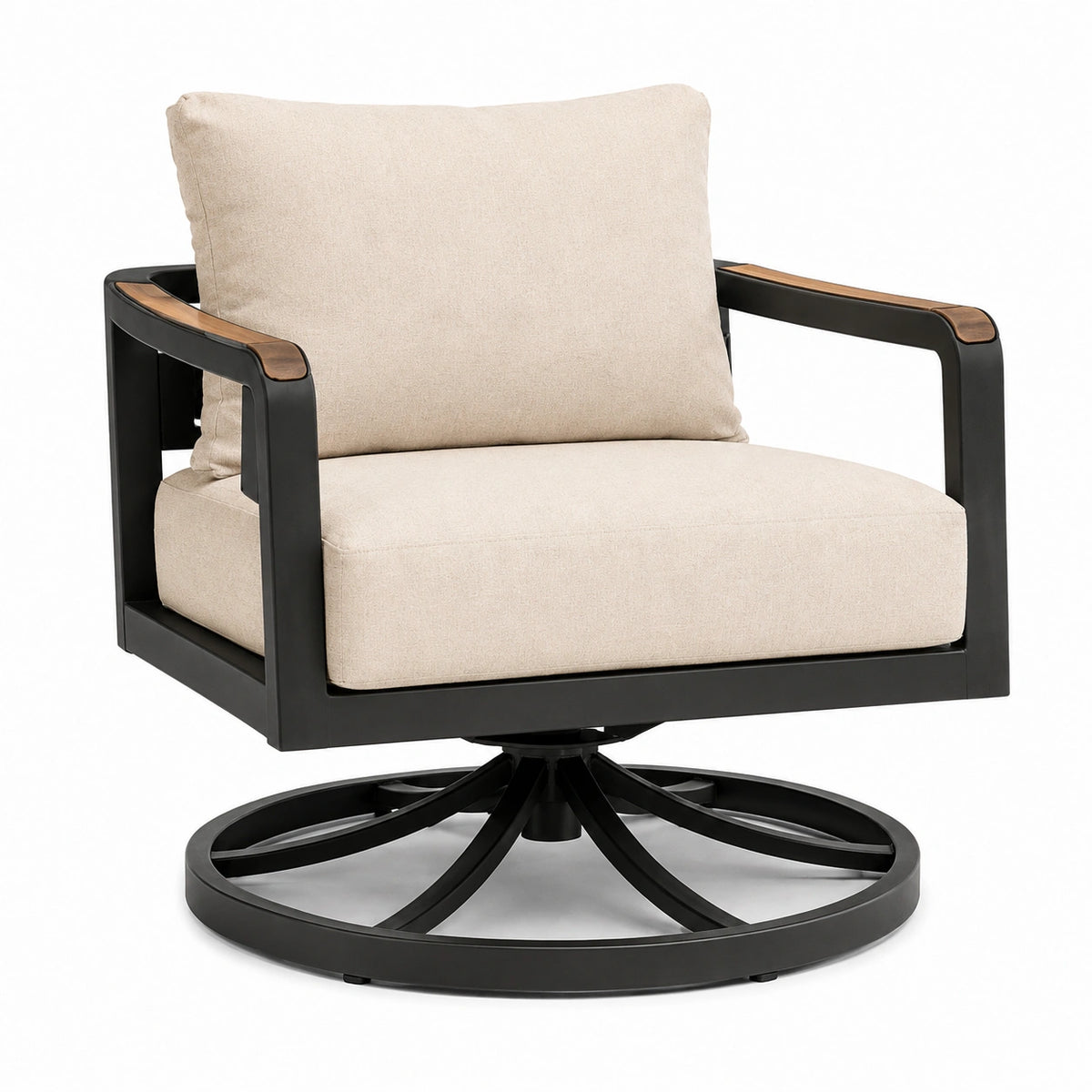Fauteuil pivotant de jardin en métal noir et tissu beige, dimensions 85x85x85 cm, confortable et robuste.