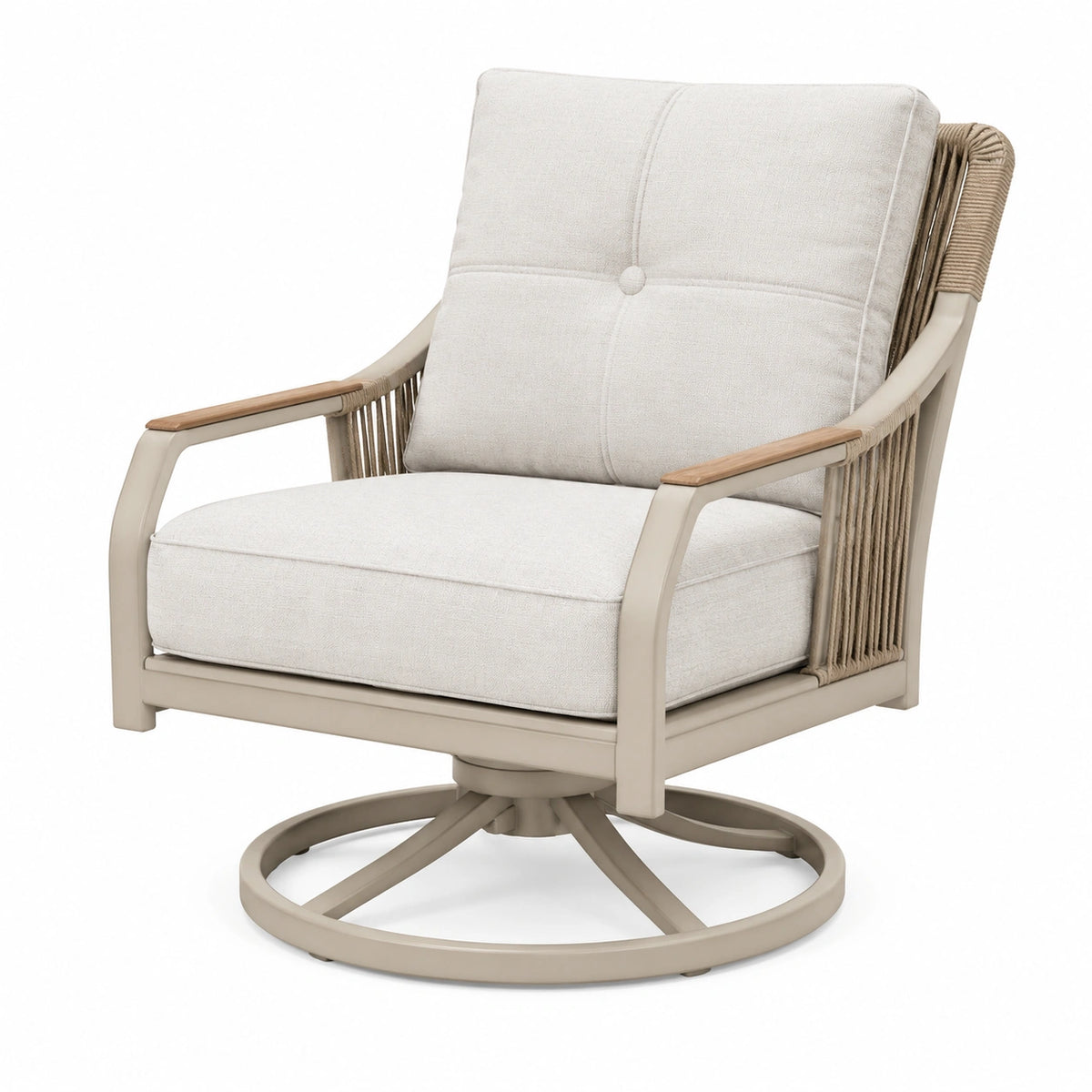 Fauteuil de jardin pivotant Polvaken en métal et cordage beige, style contemporain, dimensions 78x83x98 cm visible en image.