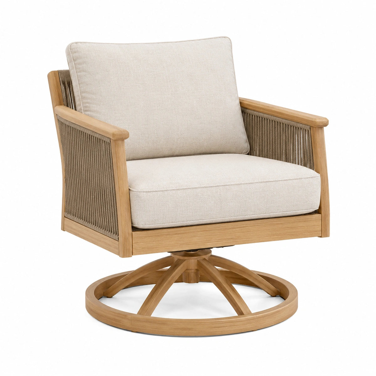 Fauteuil pivotant en bois et corde beige, style naturel, dimensions 76 x 82 x 88 cm, par Polvaken