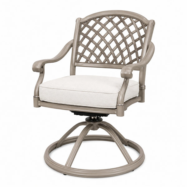 Fauteuil de jardin pivotant Polvaken en métal taupe avec dossier tressé, dimensions 78x70x98 cm, design élégant.