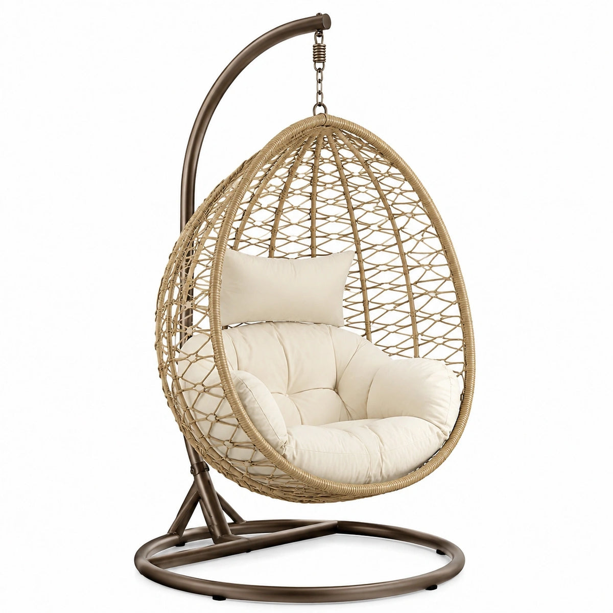 Fauteuil suspendu en fibre tressée beige avec cadre en acier marron et support bohème, dimensions 105x105x195 cm, marque Polvaken.
