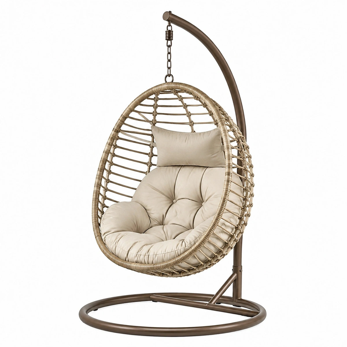 Fauteuil suspendu en métal et résine tressée beige, support style bohème, dimensions 105x105x195 cm, par Polvaken.