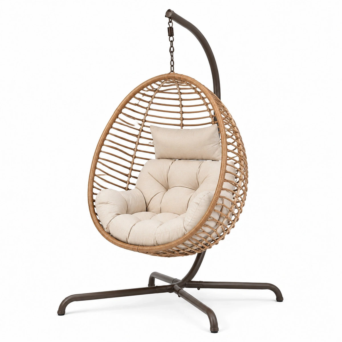 Fauteuil suspendu Polvaken en résine tressée beige, dimensions 105x105x195 cm, pour extérieur avec support robuste.