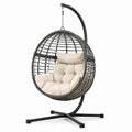 Fauteuil suspendu en résine tressée noire avec coussin beige, dimensions 100x100x195 cm, pour l'extérieur, par Polvaken