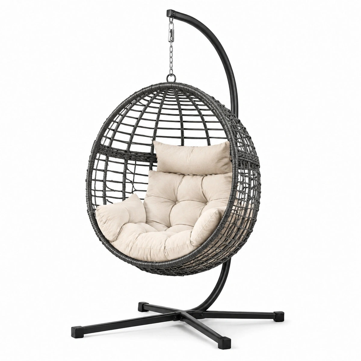Fauteuil suspendu en résine tressée noire avec coussin beige, dimensions 100x100x195 cm, pour l'extérieur, par Polvaken
