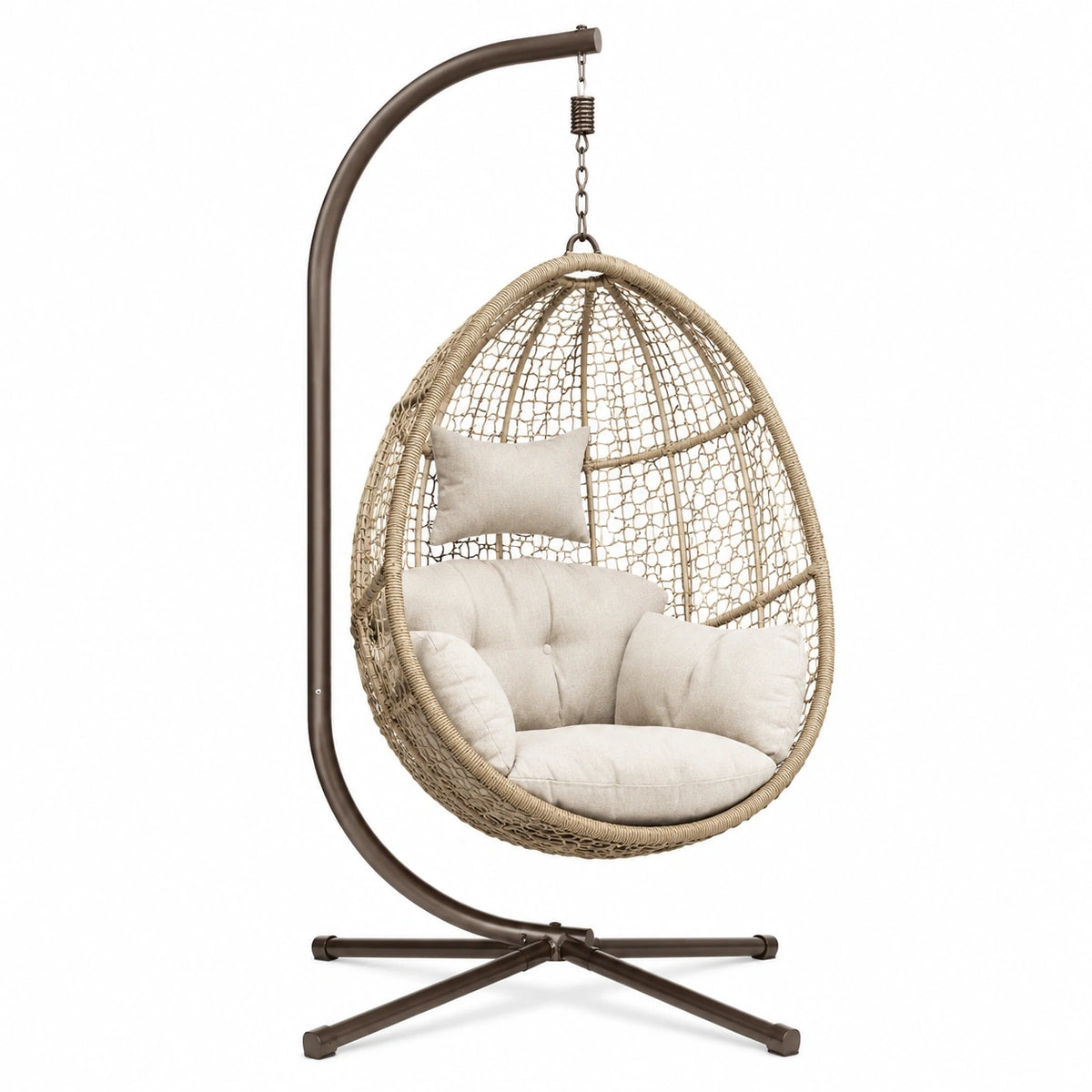 Fauteuil suspendu Polvaken en métal et résine tressée beige et marron avec support, dimensions 110x110x195 cm.