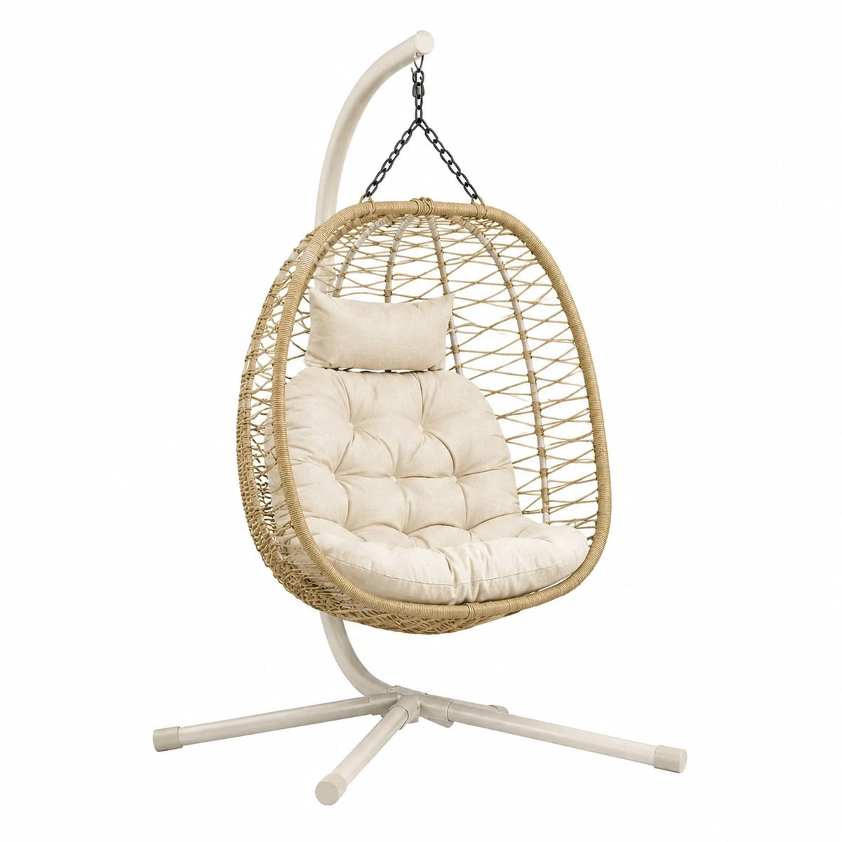 Fauteuil suspendu Polvaken en fibres tressées beige avec support en métal, dimensions 105x105x195 cm, confortable et élégant.