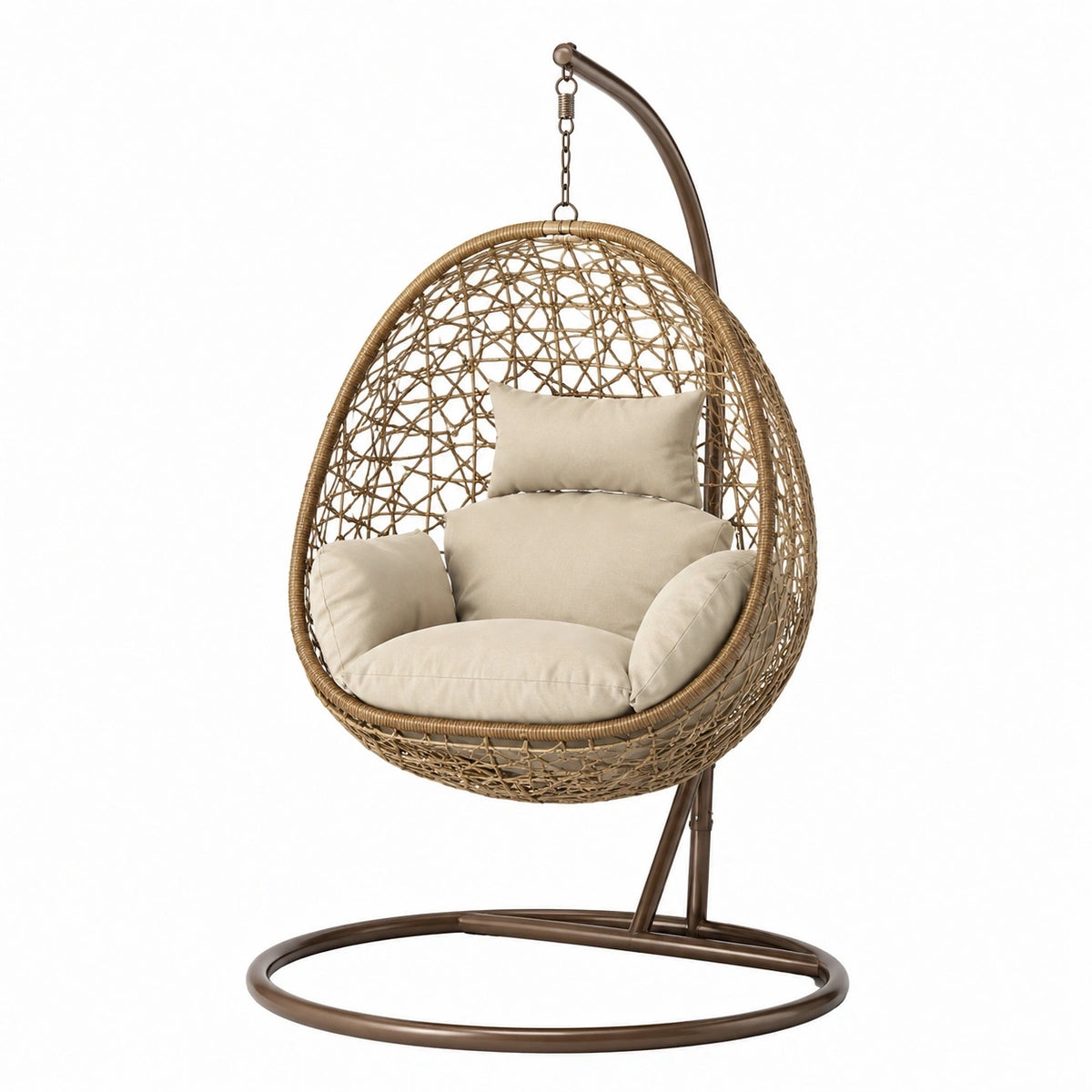 Fauteuil suspendu en rotin brun de style bohème avec support en acier, dimensions 105x105x195 cm.