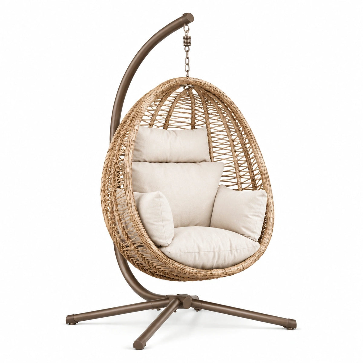 Fauteuil suspendu en rotin naturel et acier marron, style bohème, dimensions 105x105x195 cm avec support, par Polvaken
