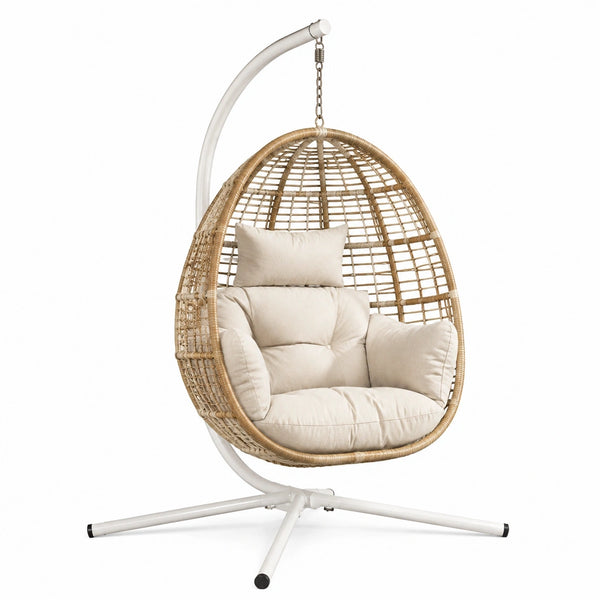 Fauteuil suspendu en rotin beige de style bohème avec support en acier, dimensions 105x105x195 cm, pour intérieur, Polvaken.