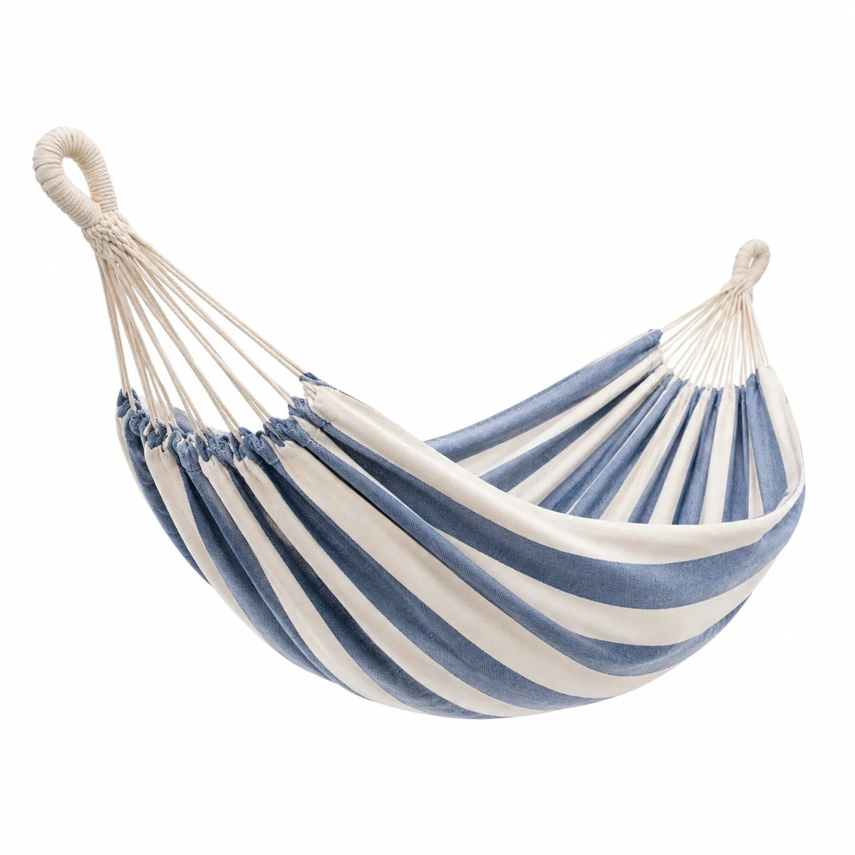 Hamac en coton bleu et blanc rayé de 300 x 100 cm pour détente suspendue, par Polvaken.