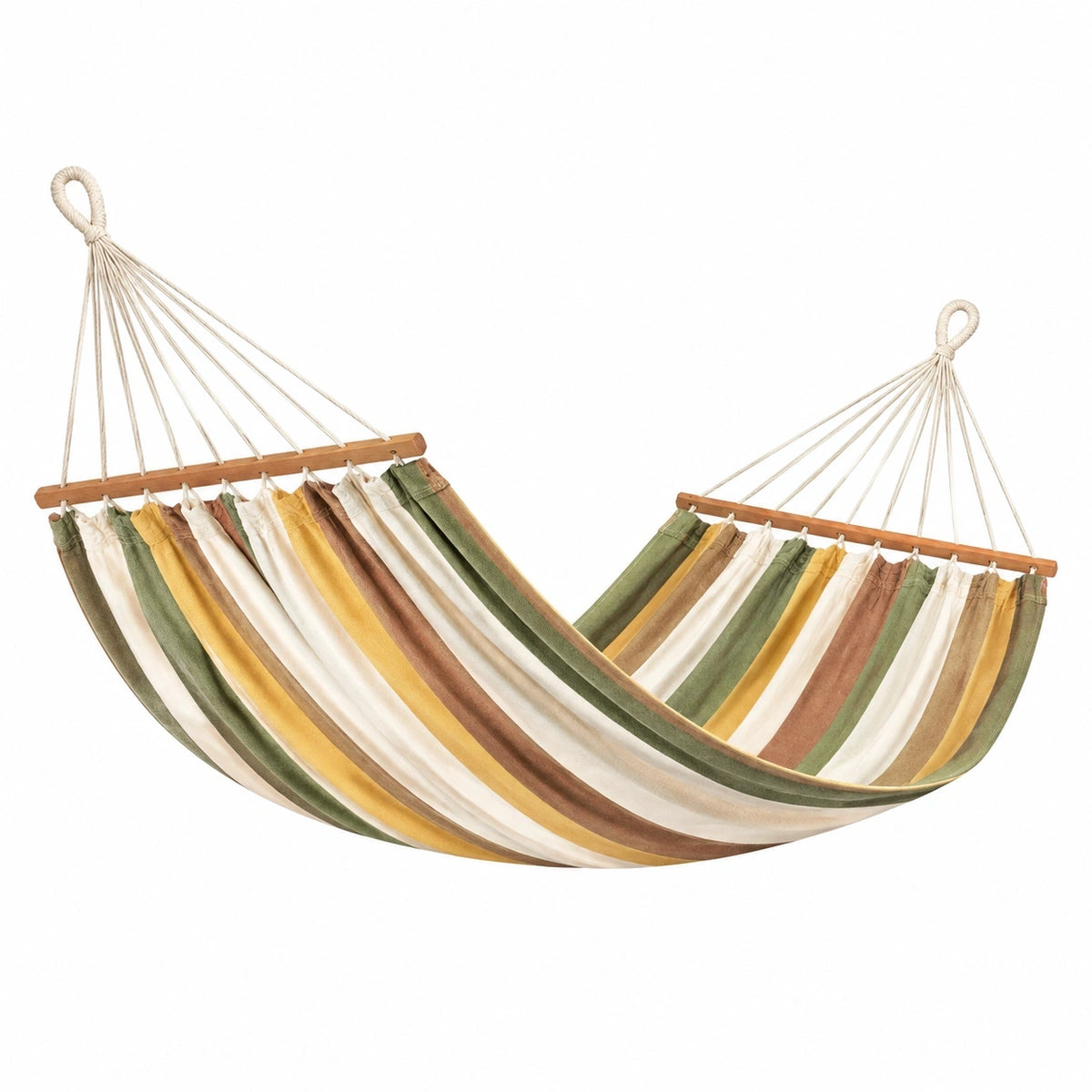 Hamac en coton rayé vert blanc jaune et marron avec barres en bois, style bohème, 300x100 cm, marque Polvaken