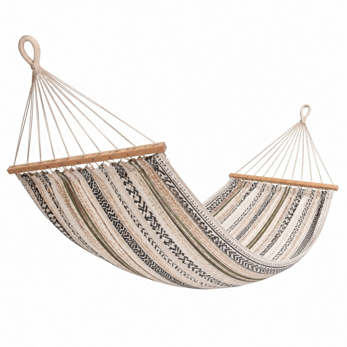 Hamac en coton beige, vert et noir de 300 cm x 100 cm avec barres en bois, style bohème, par Polvaken