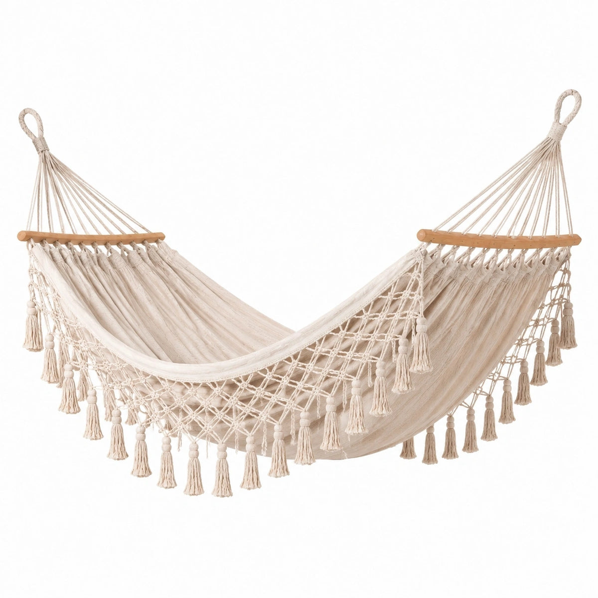 Hamac en coton beige de 320 x 100 cm avec barres en bois, style bohème, idéal pour relaxation en extérieur.