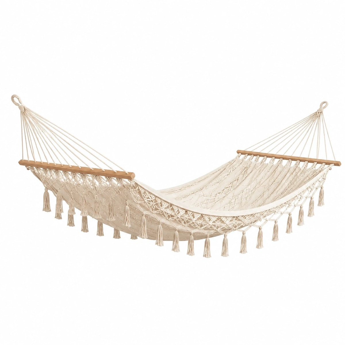 Hamac en coton beige avec barres en bois, style bohème, dimensions 200 x 100 cm, par Polvaken, suspendu et prêt à l'emploi