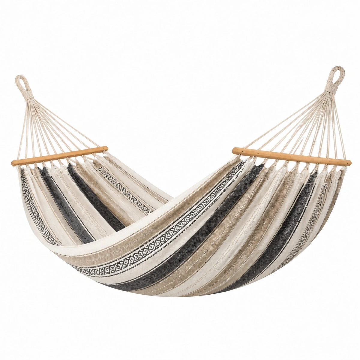 Hamac beige et noir en tissu et bois, 300 x 100 cm, pour détente, avec rayures, de la marque Polvaken.